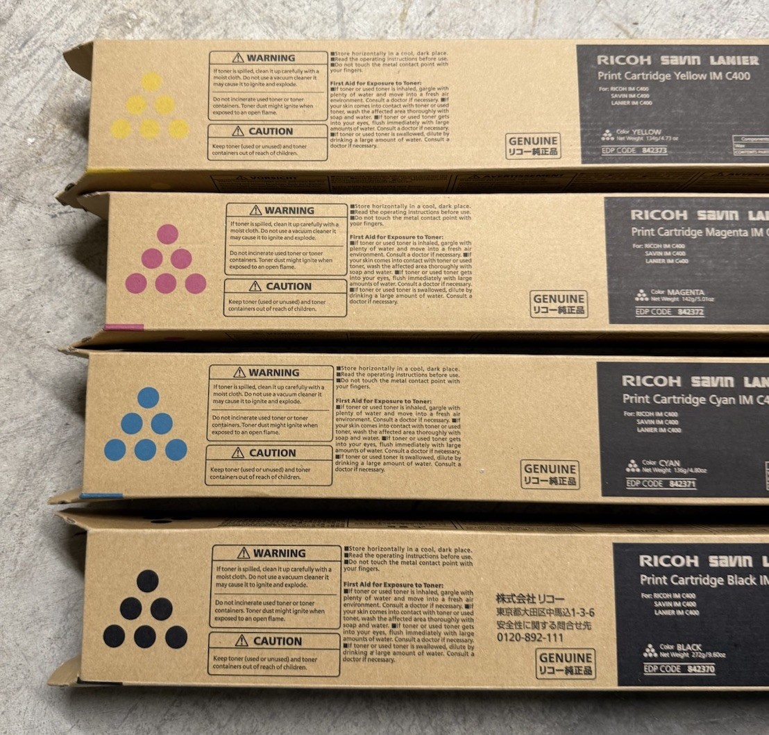 New  Genuine Ricoh Savin Lanier MP C406, Complete Set of 4 Toner Cartridges