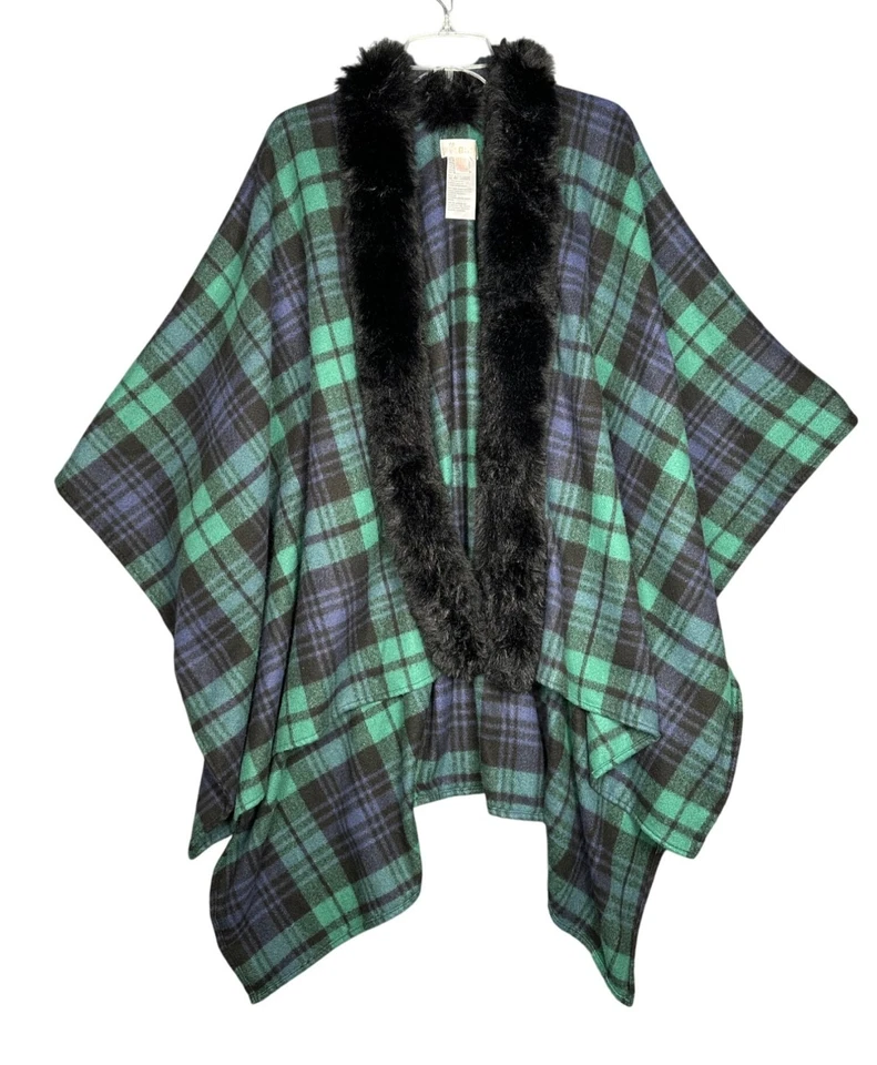Poncho de vacaciones Bell by Kim grava tartán a cuadros con capa envolvente de piel sintética O/S Foto 2 de 4