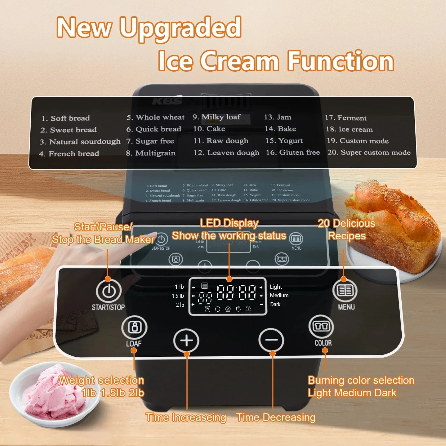 KBS MBF-070 IC 20-in-1 Fully Automatic Bread Maker Machine with Ice Cream Menu,