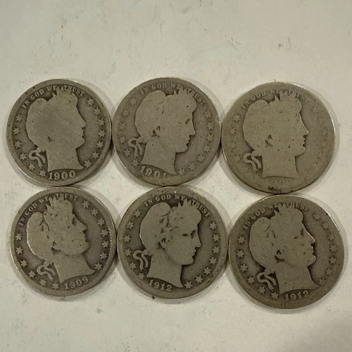 Barber Silver Quarters 90% Silver Lot Of 6  see photos of Silver Coins