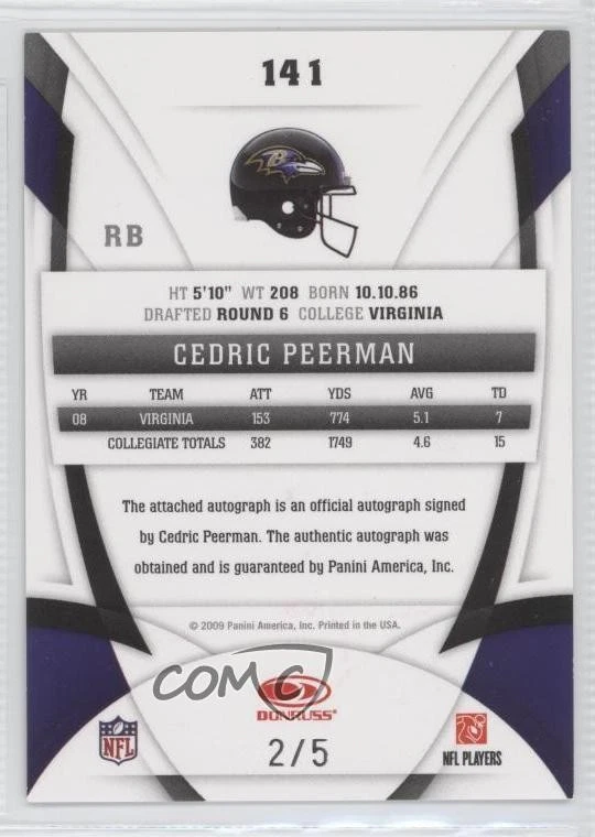 2009 Certified Mirror Emerald Signatures /5 Cedric Peerman #141 Rookie Auto RC - Image 2 of 2