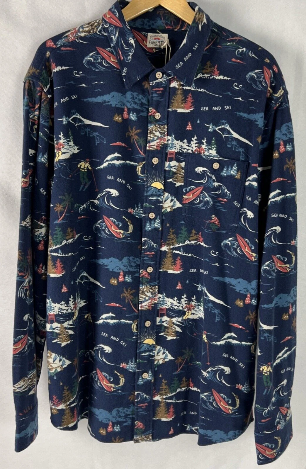 Faherty Button Down Mens XL Navy Blue Sea and Ski Flannel Long Sleeve Shirt PA25