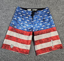 Pelagic Board Shorts Boys Youth 29 Red White Blue Flag Sharkskin Zip Pocket Fish