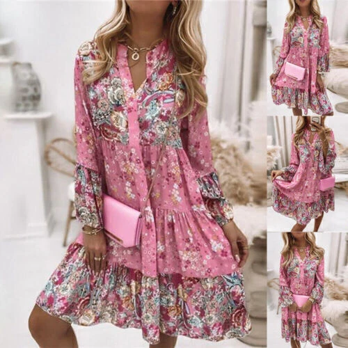 Damen Boho Blumen Maxikleid Trägerkleid Freizeit V-Neck Strandkleid Sommerkleid - Bild 6 von 13