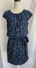GUESS Navy Blue Geometric Print Sheath Dress Tie Belt Button Shoulders Size 4