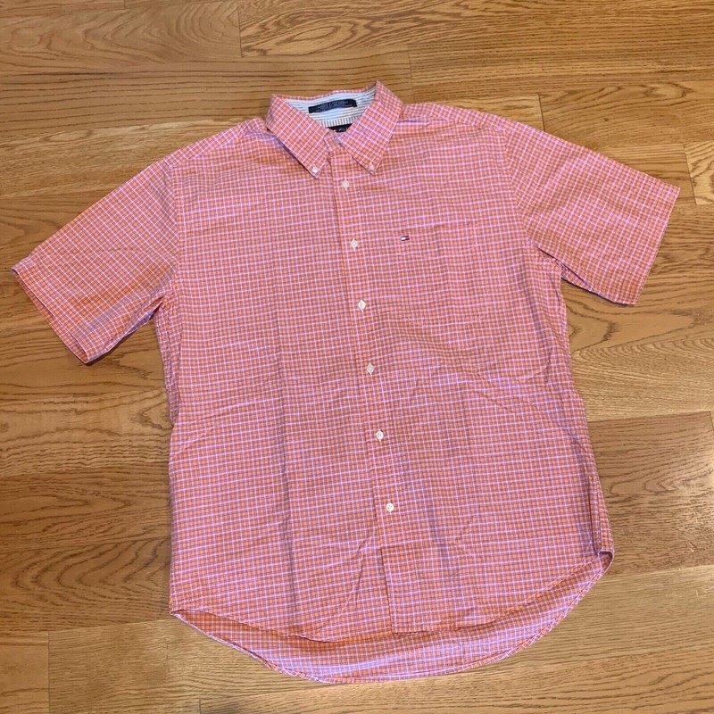 TOMMY HILFIGER Orange Pink Short Sleeve Button Down Polo Shirt Mens Size L Large