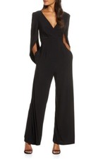 ELIZA J Black Cape Drape Cowl Back Long Sleeve Jersey Knit Pant Jumpsuit 14 = L