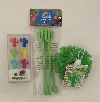 Cactus themed beverage lot Of 3: New! Drink Markers, Stirrers, Ice Cubes!