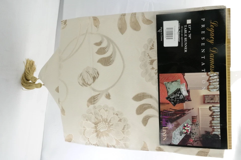 Damask Table Runner 13" x 70" Beige by Violet Linen TF - Image 4 of 4