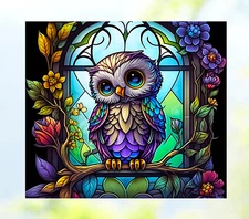 Cute Owl Faux Stained Glass WINDOW CLING Size 9.1" Vinyl Window Decoration