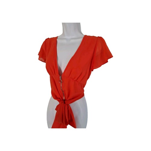 Womens Jane Norman Orange Puff Sleeve Tie Waist Vintage Y2k Chiffon Blouse Top14 - Picture 7 of 11