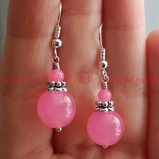 Beautiful Natural 12mm Pink Jade Round Gemstone Dangle Silver Earrings AAA