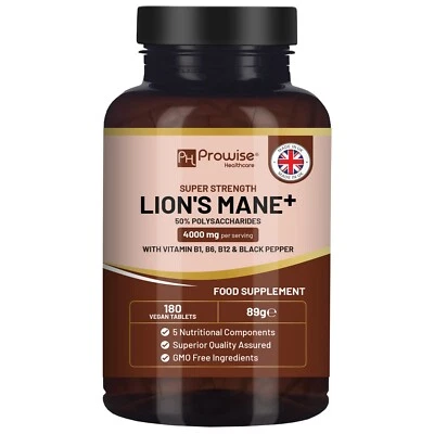 PROWISE HEALTHCARE Lions Mane Mushroom Supplement 4000mg with Vitamin B1, B6, B12 & Black Pepper