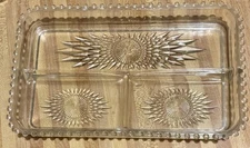 Jeannette 12” Glass Tray Celery/Relish 3 Part Divided Rectangular Sunburst Dots