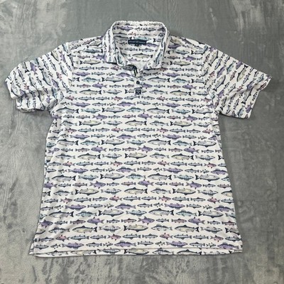 Society of Threads Mens XL Fish Print Performance Polo Shirt White Short Sleeve