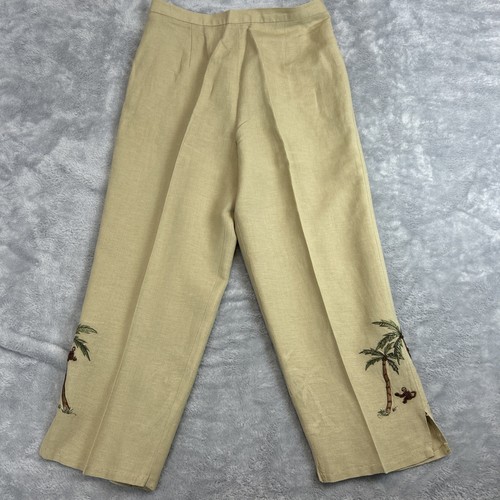 Womens Linen Blend Set Beaded Monkey Embroidery Top and Capri Pants Set Tan 10 - Bild 8 von 14