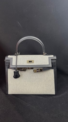 Hermès Kelly Sellier 28 Ecru Beige Black Satchel Handbag Toile H Canvas AUTH