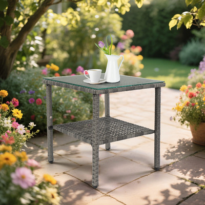 US Square woven rattan double layer glass tabletop gray gradient Home side table