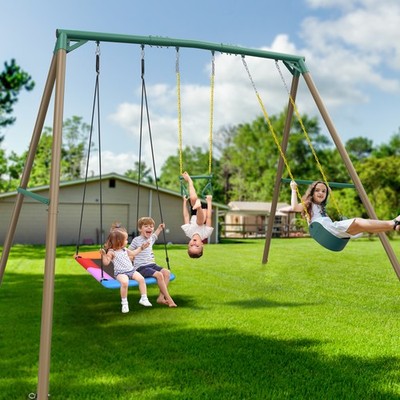 700lb 9.5ft Tall Heavy Duty Metal Swing Set for Kids with 3 Swings & Trapeze Bar