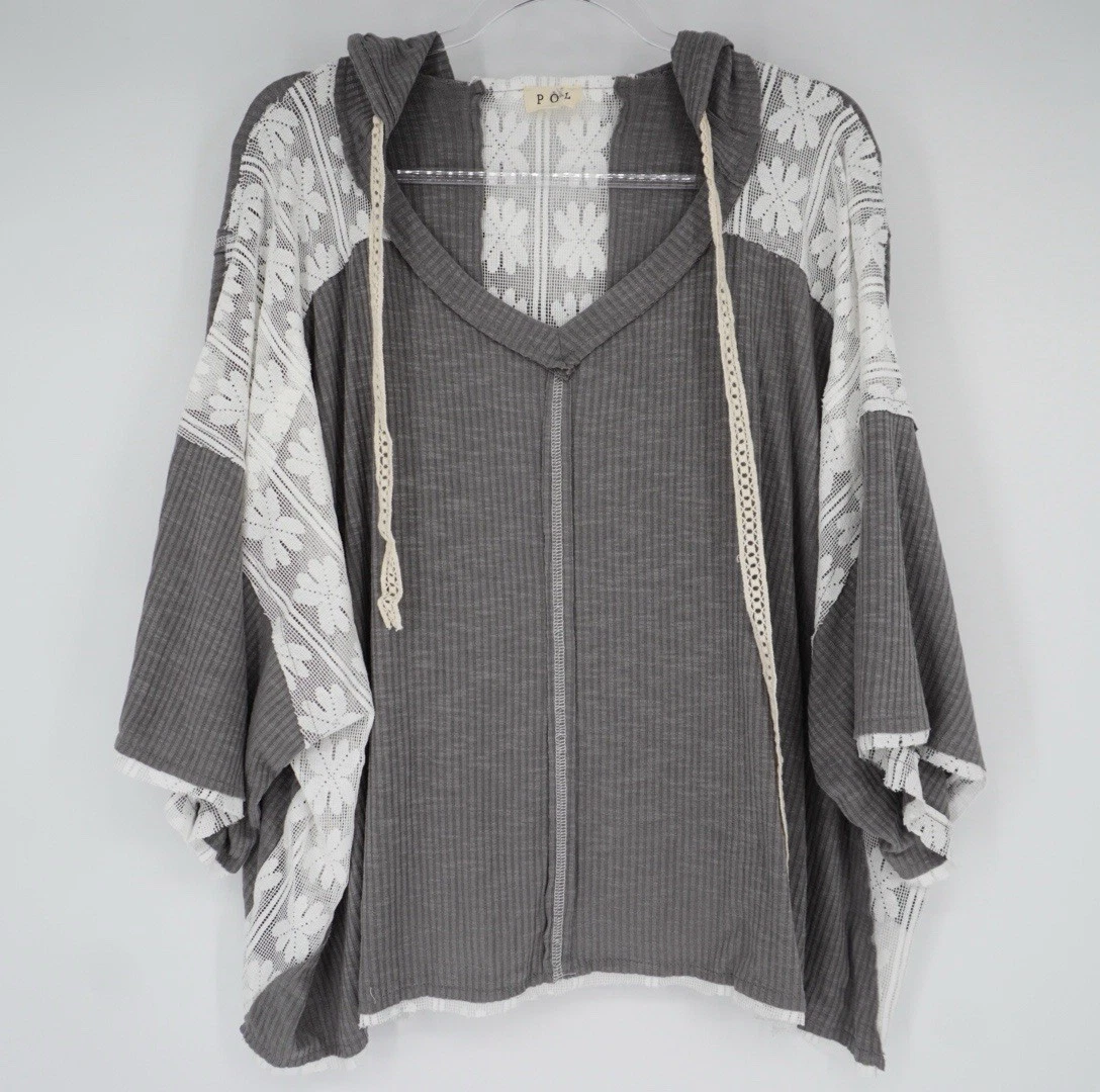 POL Womens Gray Lace Boho Oversized Poncho Hoodie Pullover Top Small Bohemian