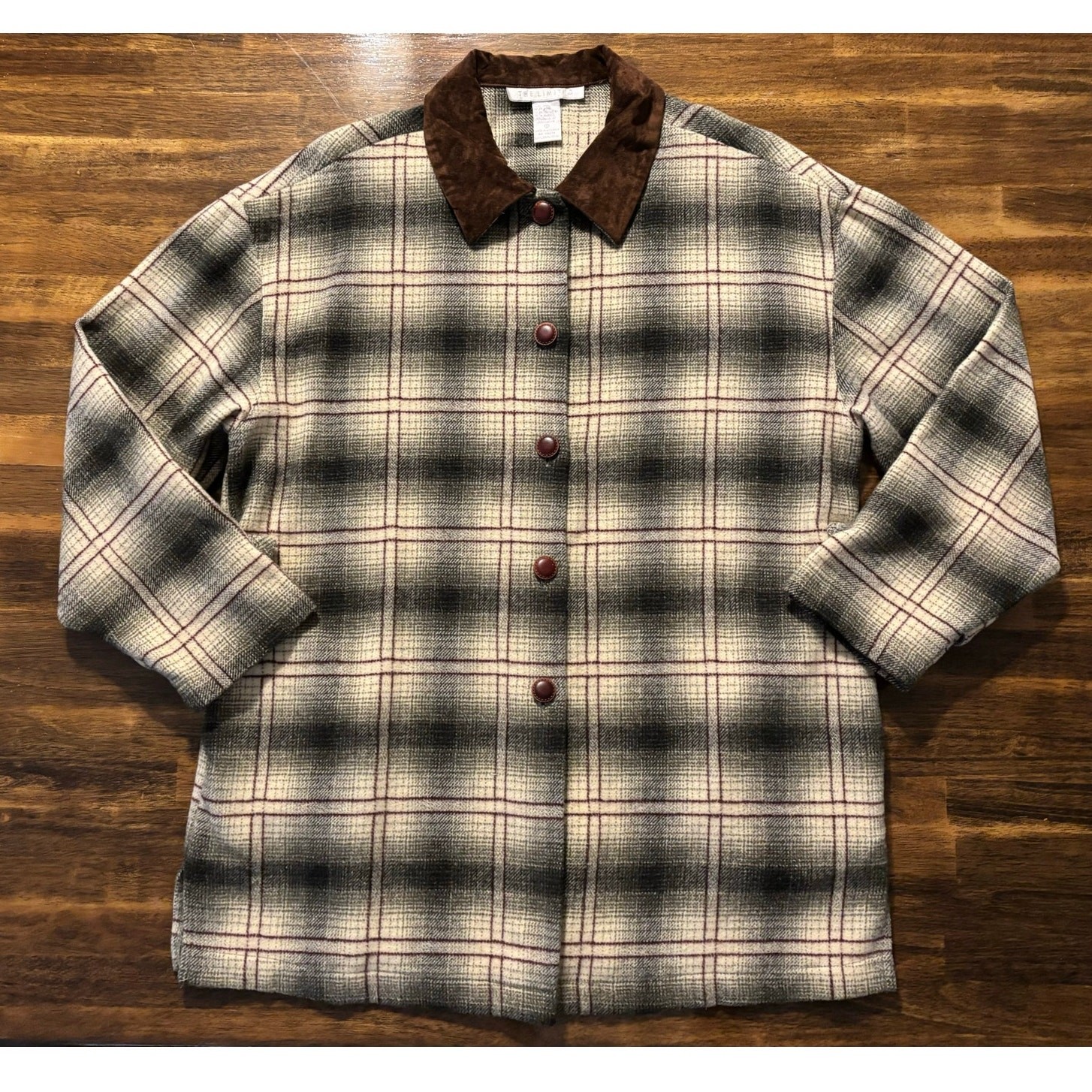 Vintage Plaid Wool Blend Shacket for Women with Pockets & Collar - Size 8