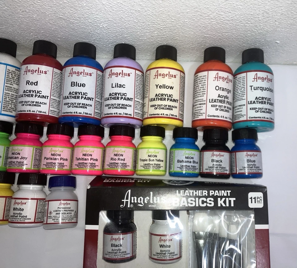 Angelus Acrílico Cuero Pintura Zapato Zapatilla Pintura 4 Oz, 1 Oz, Kit Básico Lote 31 Nuevo Foto 3 de 4