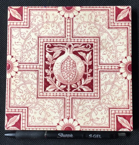 Antique Tile Minton Hollins English Ceramic Arts Crafts Pomegranate Stamped