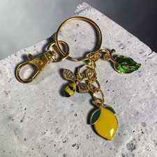 Lemon Bumblebee Keychain Gold Tone Bee Lemon Charm Key Ring Garden Nature