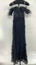 Lulus Black Midnight Sparkle Embroidered Feather Dress S
