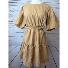 Madewell Seersucker Mini Dress Medium NWT Tan Puff Sleeve Cut Out NF870