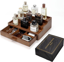 Cologne Organizer for Men, 3 Tier Wooden Cologne Stand with Drawer Storage and H