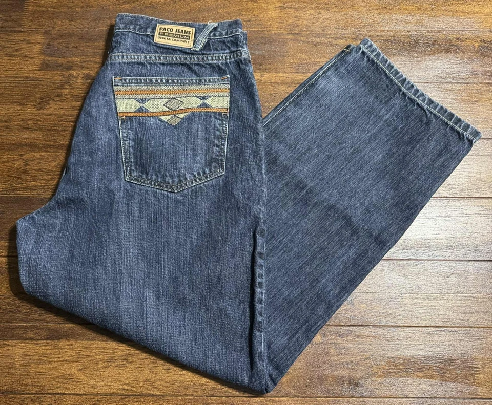 Pantalones de mezclilla vintage Paco para hombre 34X30 azul bordado BMX Y2K azteca occidental Foto 2 de 4