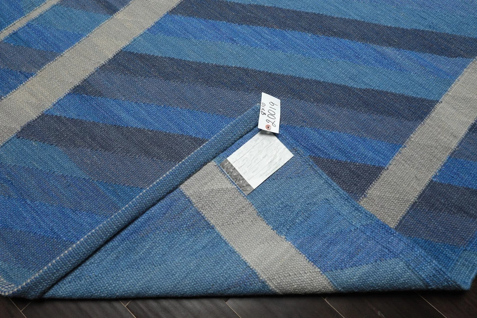 Tapete geométrico moderno e contemporâneo 8x10 tecido à mão lã tecido plano azul Kilim - Imagem 4 de 4