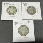 Lot of 3 1915 Barber Quarters 1915-P and 1915-D 90% Silver US Type Coins