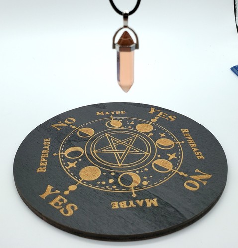Wood Divination Board W/ Pink Pendant Necklace Ouija Wiccan Witchcraft 5.9"
