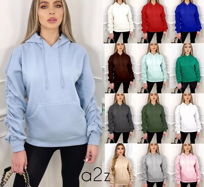 Damen Hoodie mit Rüschenärmeln Damen Oversize Kapuze Kordelzug Pullover Pulli