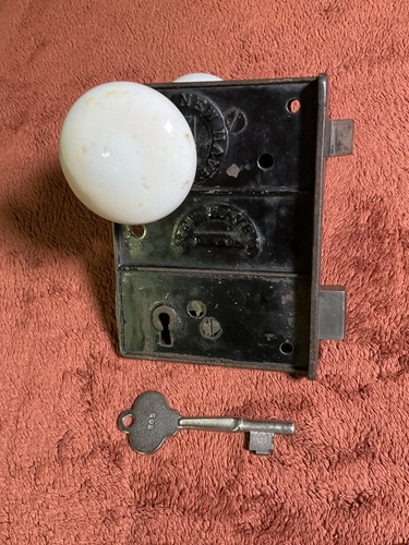 Antique Steel DM & Co. New Haven Rim Gate Lockset, 2 White Porcelain Knobs - Picture 5 of 8