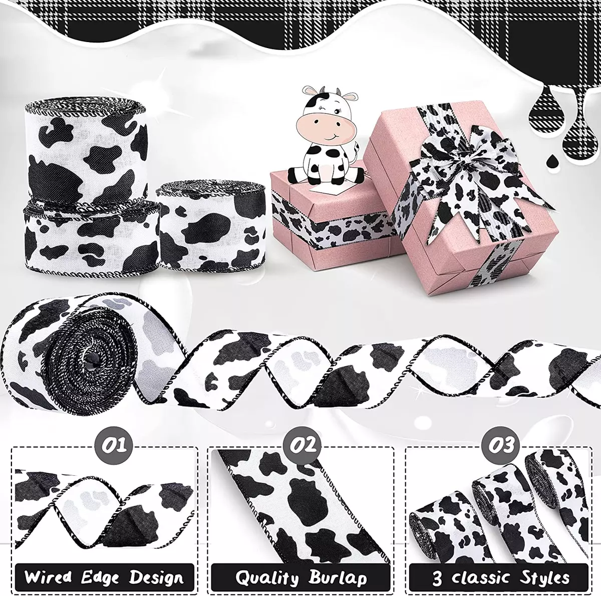 Cow Print Wired Ribbon 3 Rolls Christmas Cowhide Ribbon Burlap Craft Ribbons  Bla