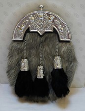 Scottish Kilt Grey Goat Skin Full Dress Sporran Antique Chrome Thistle Cantel