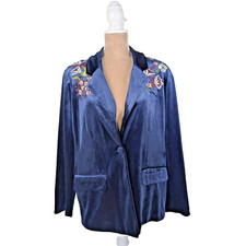Colleen Lopez Blue Velvet Embroidered Flower Blazer Jacket Size 1X
