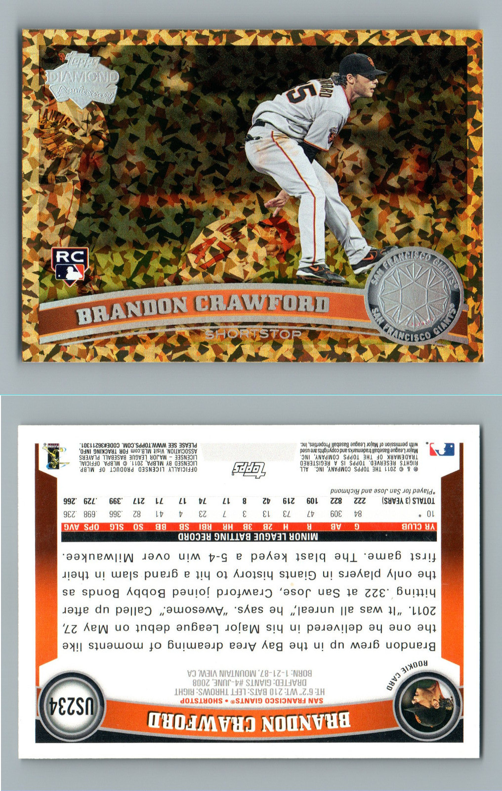 2011 TOPPS UPDATE COGNAC DIAMOND RC US234 BRANDON CRAWFORD GIANTS MINT
