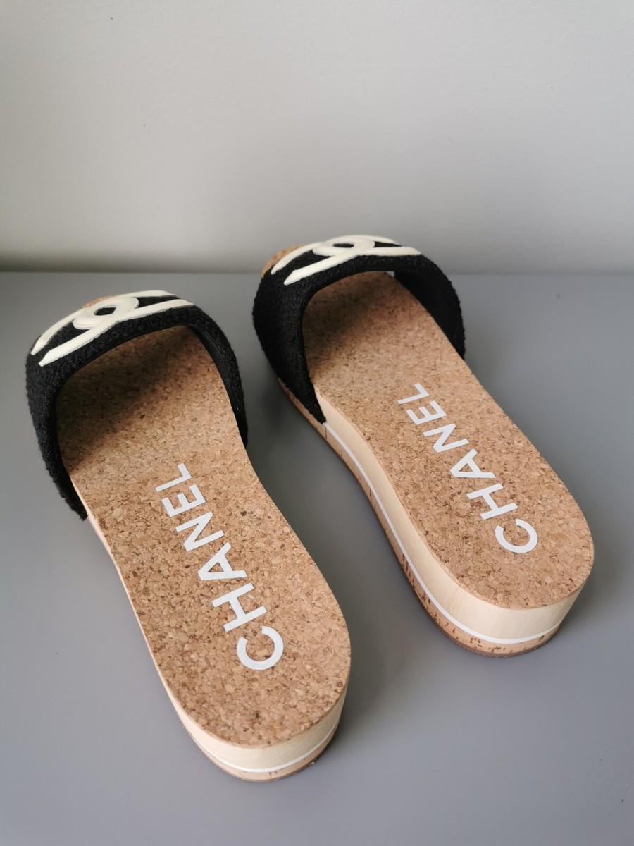 CHANEL Logo Black Slide Cork Mule Flat Platform Sandal Size