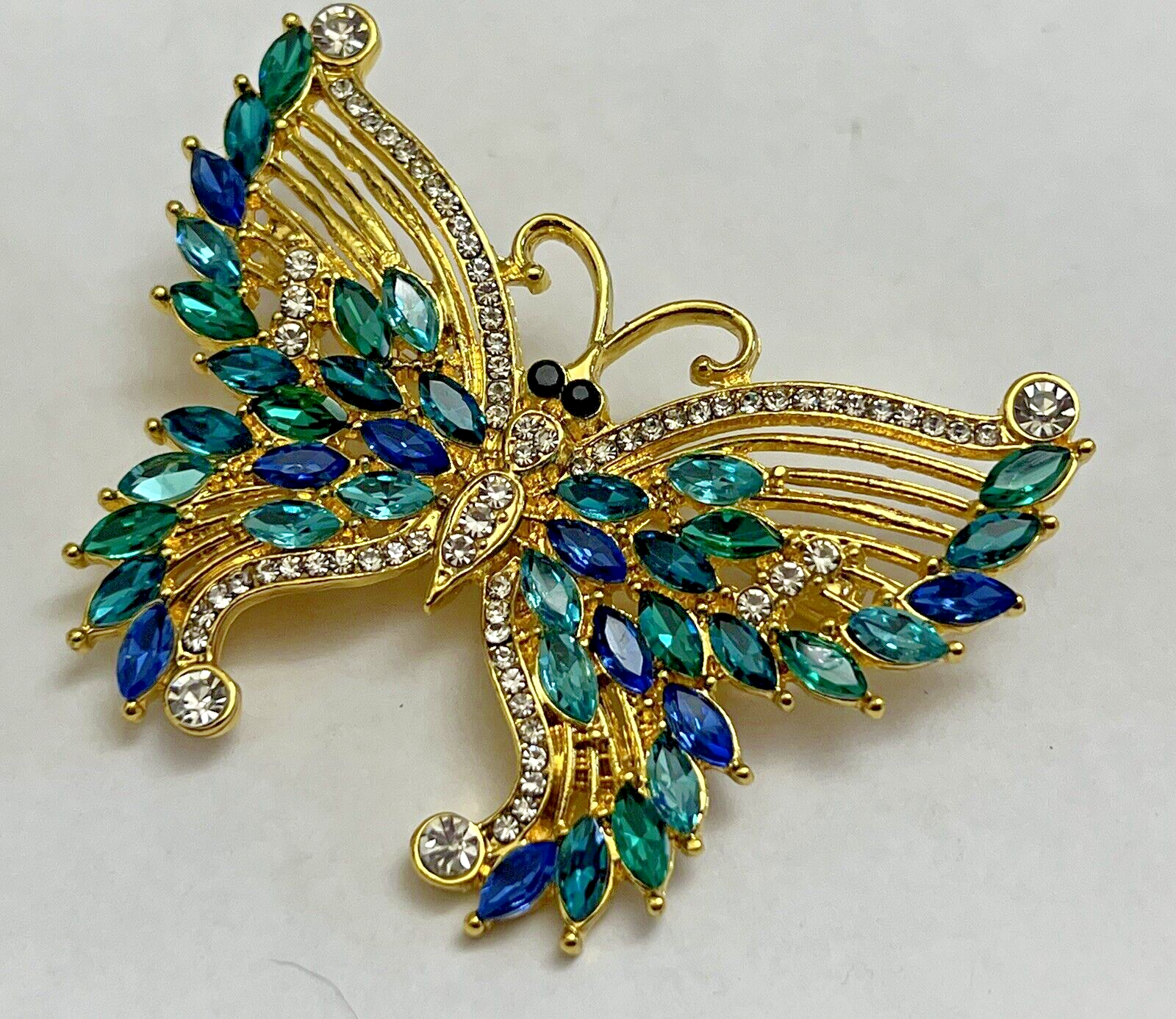 Butterfly Crystal Rhinestone Brooch Pin Aqua Royal Blue Vintage Glass Insect Bug
