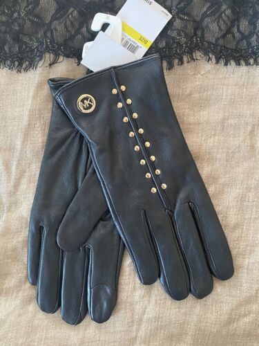 MICHAEL KORS M LEATHER GLOVES ASTOR TOUCH TIPS SCREEN STUDDED TECH BLACK NWT $98 - Picture 1 of 11