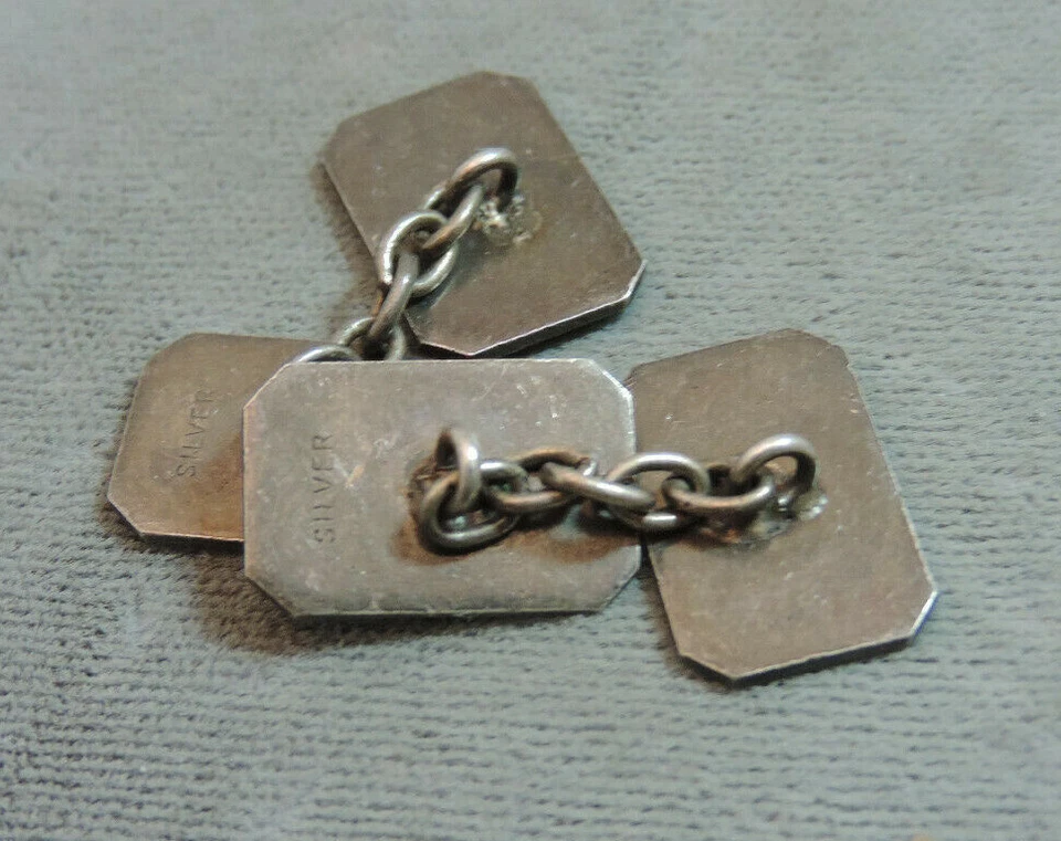 Gemelli In Argento Vintage Britannico A Rettangolo Con Catena Flessibile Cf 94.1 - Immagine 2 di 4