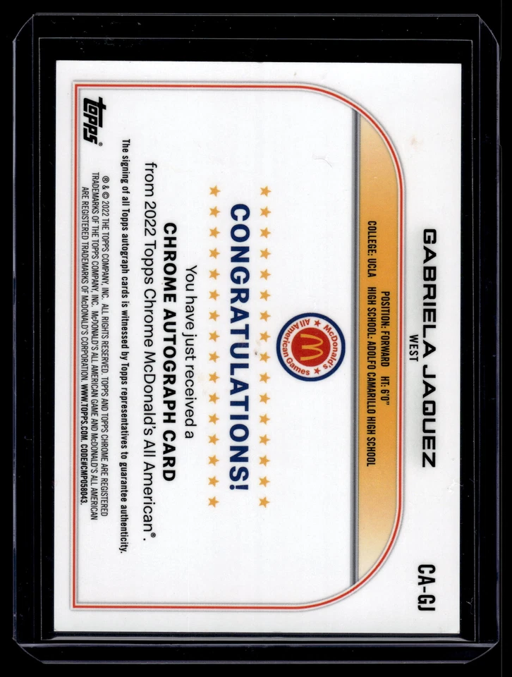 Gabriela Jaquez 2022 Topps Chrome McDonald's Refractor Auto Card #CA-GJ - Image 2 of 2