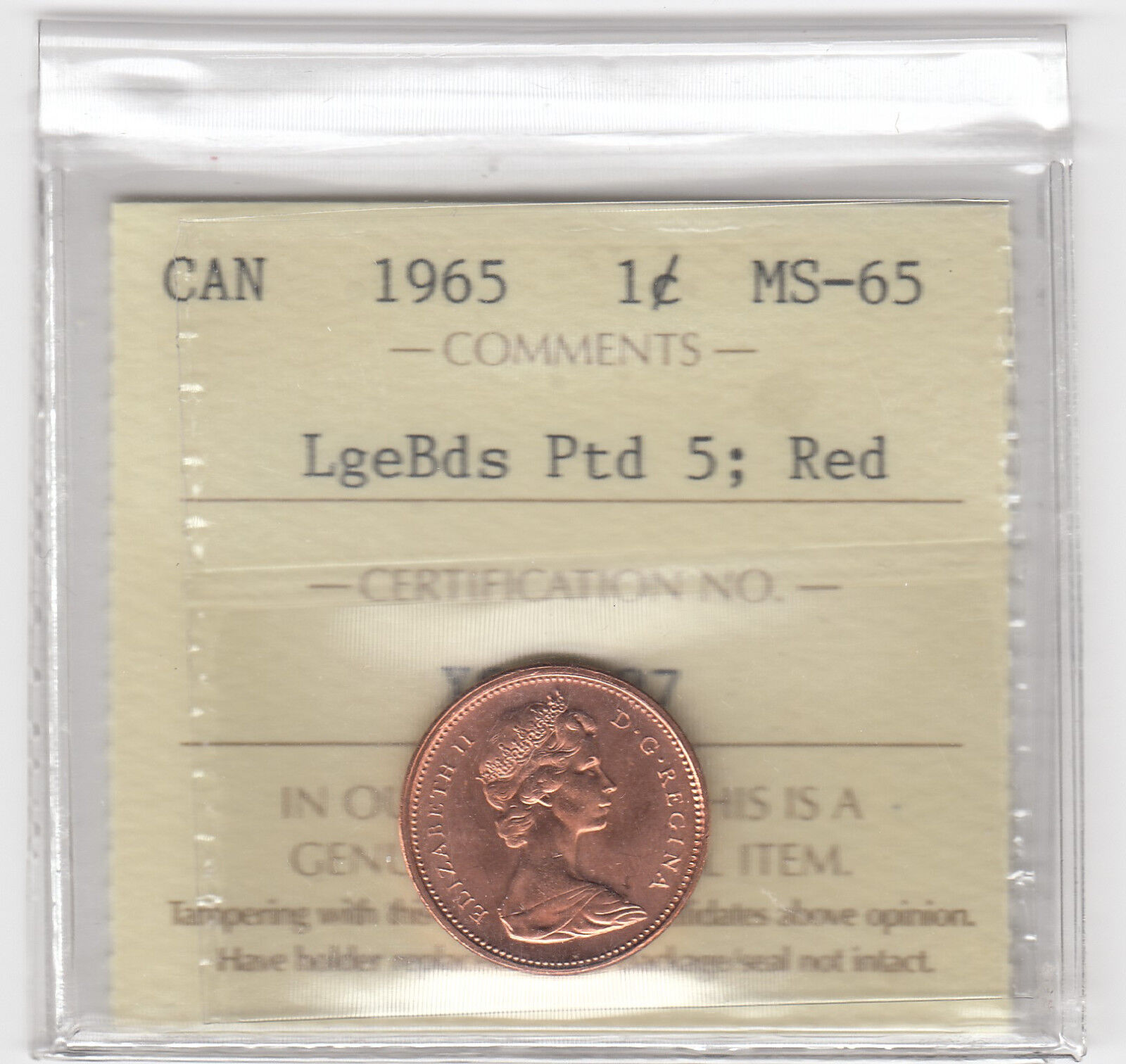 1965 Canada One Cent - ICCS MS-65 - Large Beads Pointed 5; Red -