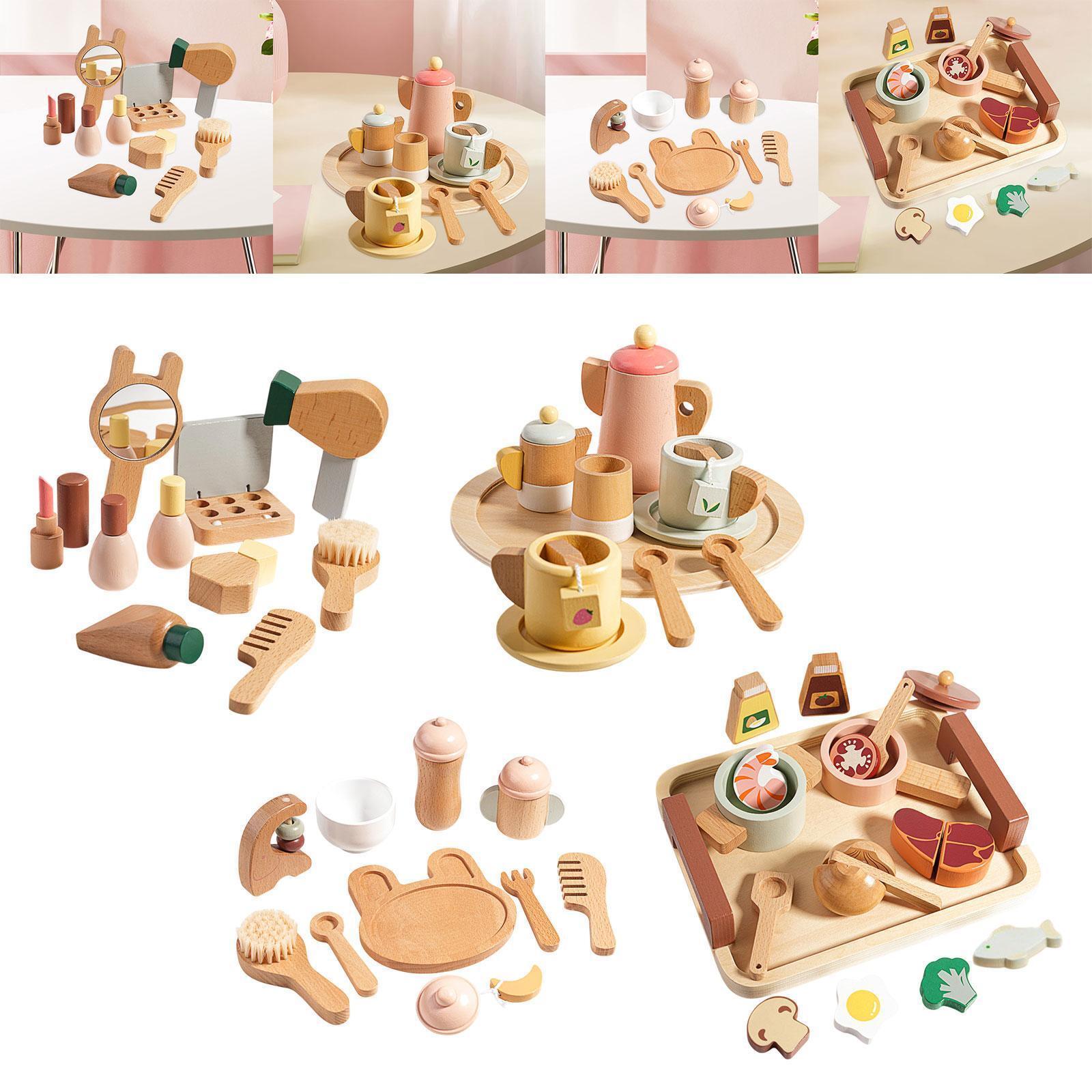 Pretend Play Set Toy Wooden Matching Play Cutlery Plate Set Montessori Tea Party