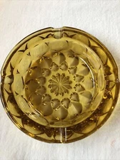 Vtg Amber Cut Glass Ash Tray Heavy EUC Ashtray 6.25” MCM
