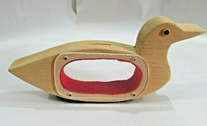 Duck Loon Old Handcrafted 1990's Pine Wood Plexiglas Red Felt Vintage Coin Bank